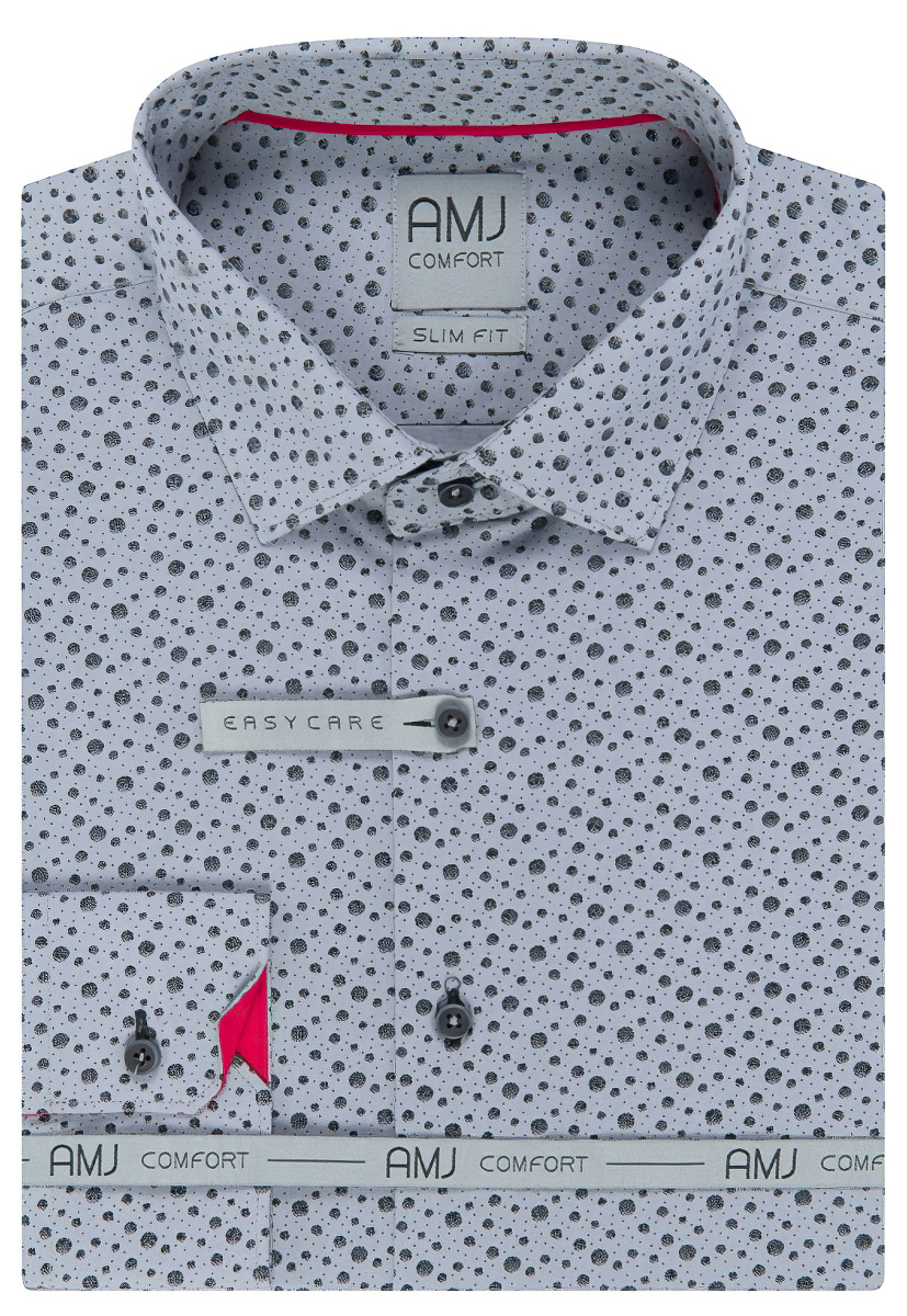 Pánská košile AMJ bavlněná, světle modrá s černými puntíky VDBPSR1009, dlouhý rukáv, slim fit, prodloužená délka