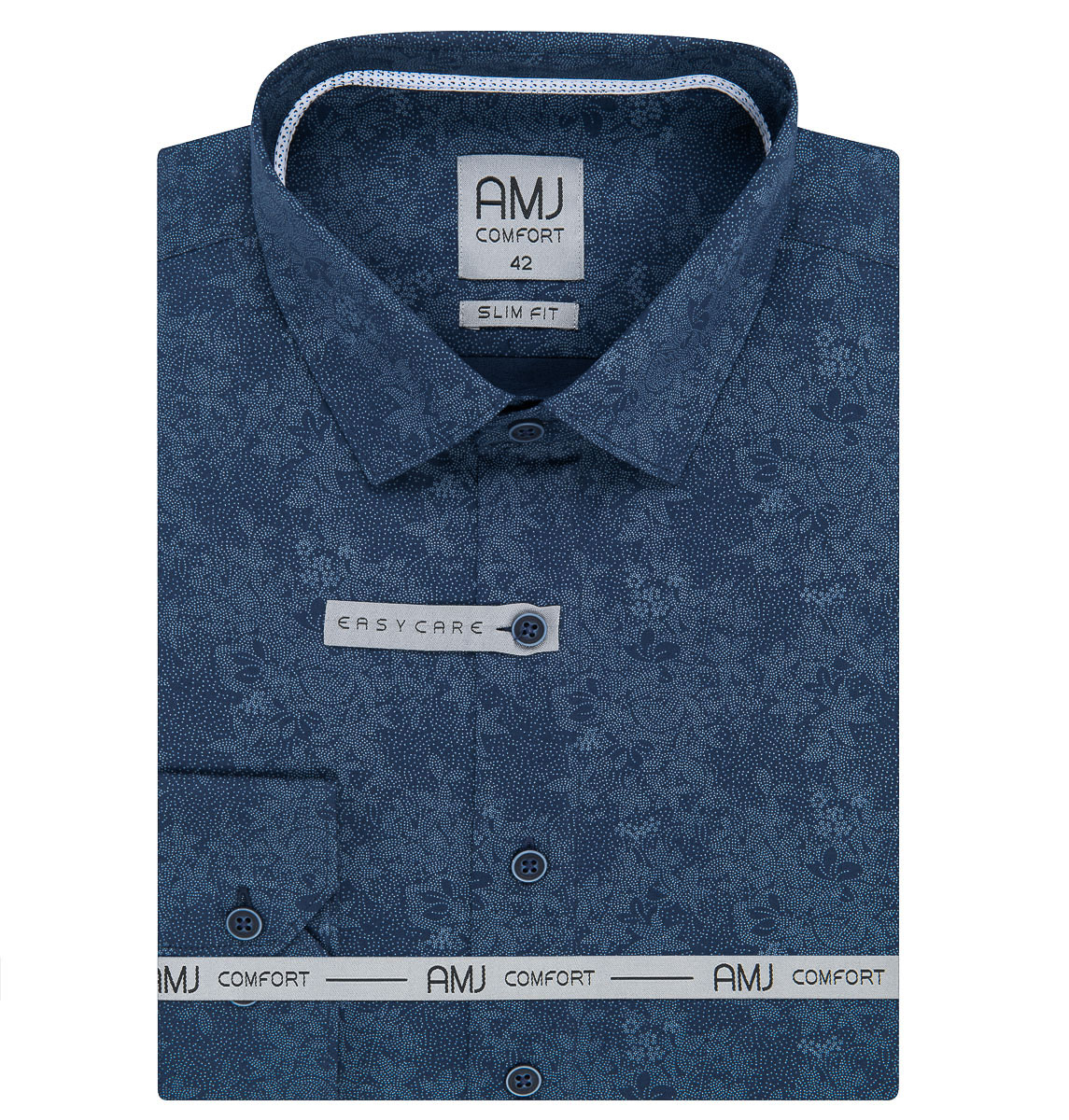 Pánská košile AMJ bavlněná, modrá květovaná VDBR1221, dlouhý rukáv (slim-fit + prodloužená délka)