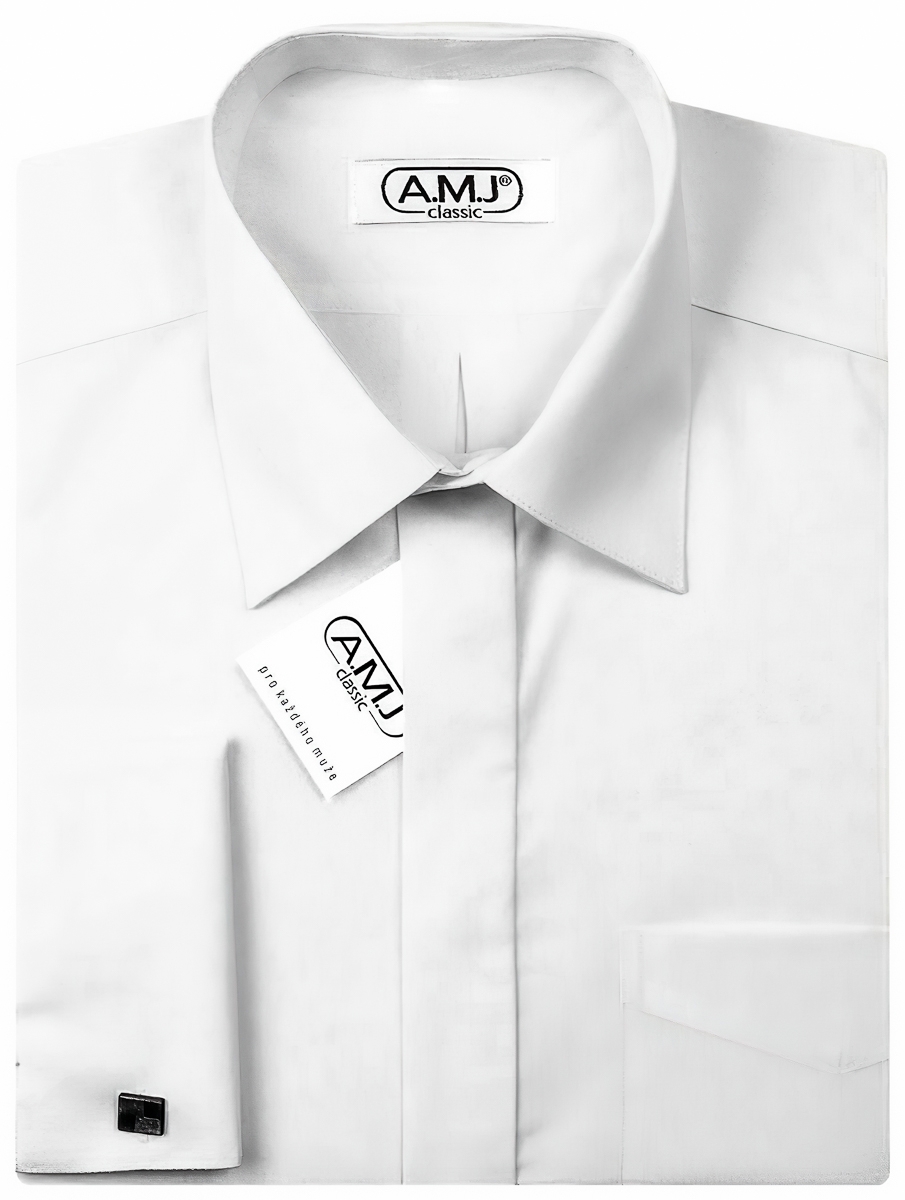 Pánská košile AMJ na manžetové knoflíčky JDPSA018MK bílá, dlouhý rukáv, prodloužená délka, slim fit